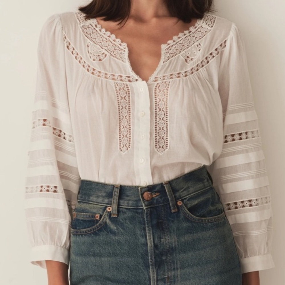 Doen Celeste Cotton Voile Lace Crochet Button Cottage Blouse Top Salt White
